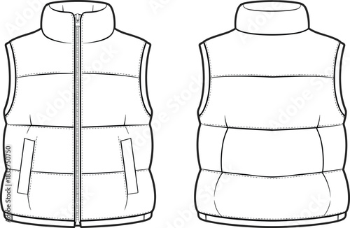 Technical drawing of puffer vest front and back views sleeveless jacket
