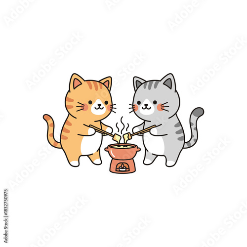 Cute cats cooking cheese fondue with chopsticks vector illustration