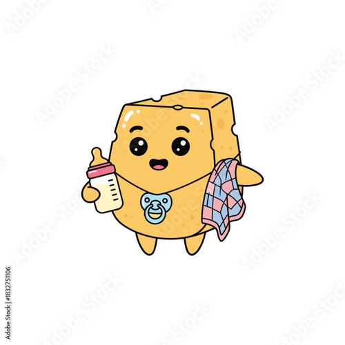 Cute cheese baby character with milk bottle flat vector design