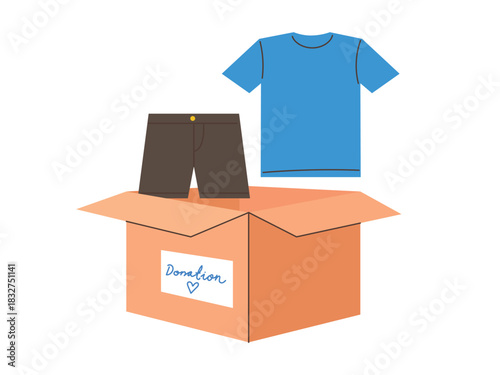 Clothes for donation illustration, cardboard box donation icon