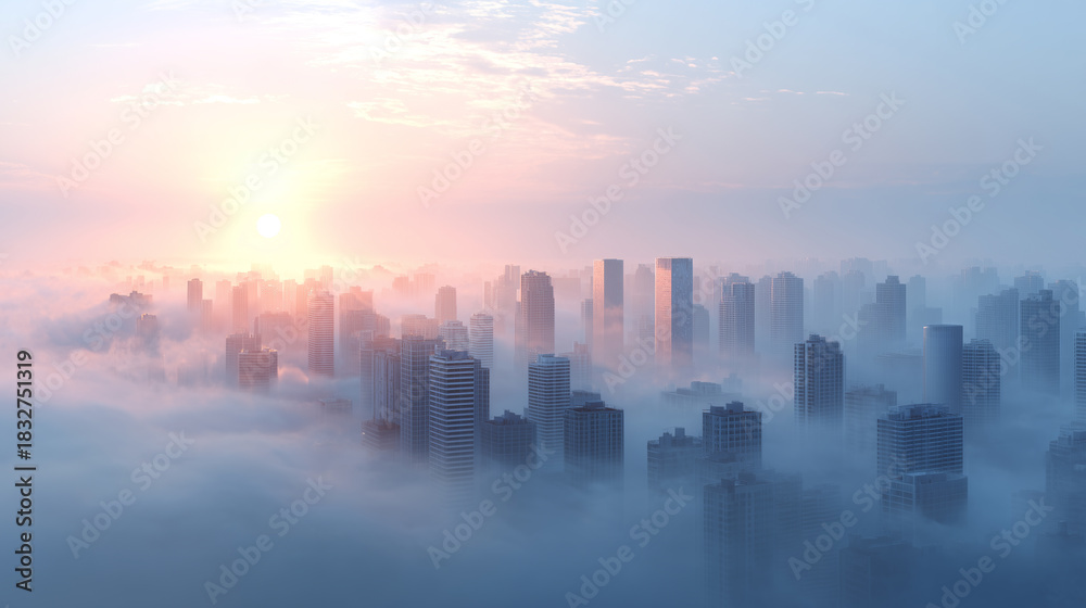 Fototapeta premium Beautiful skyline above clouds glowing morning light