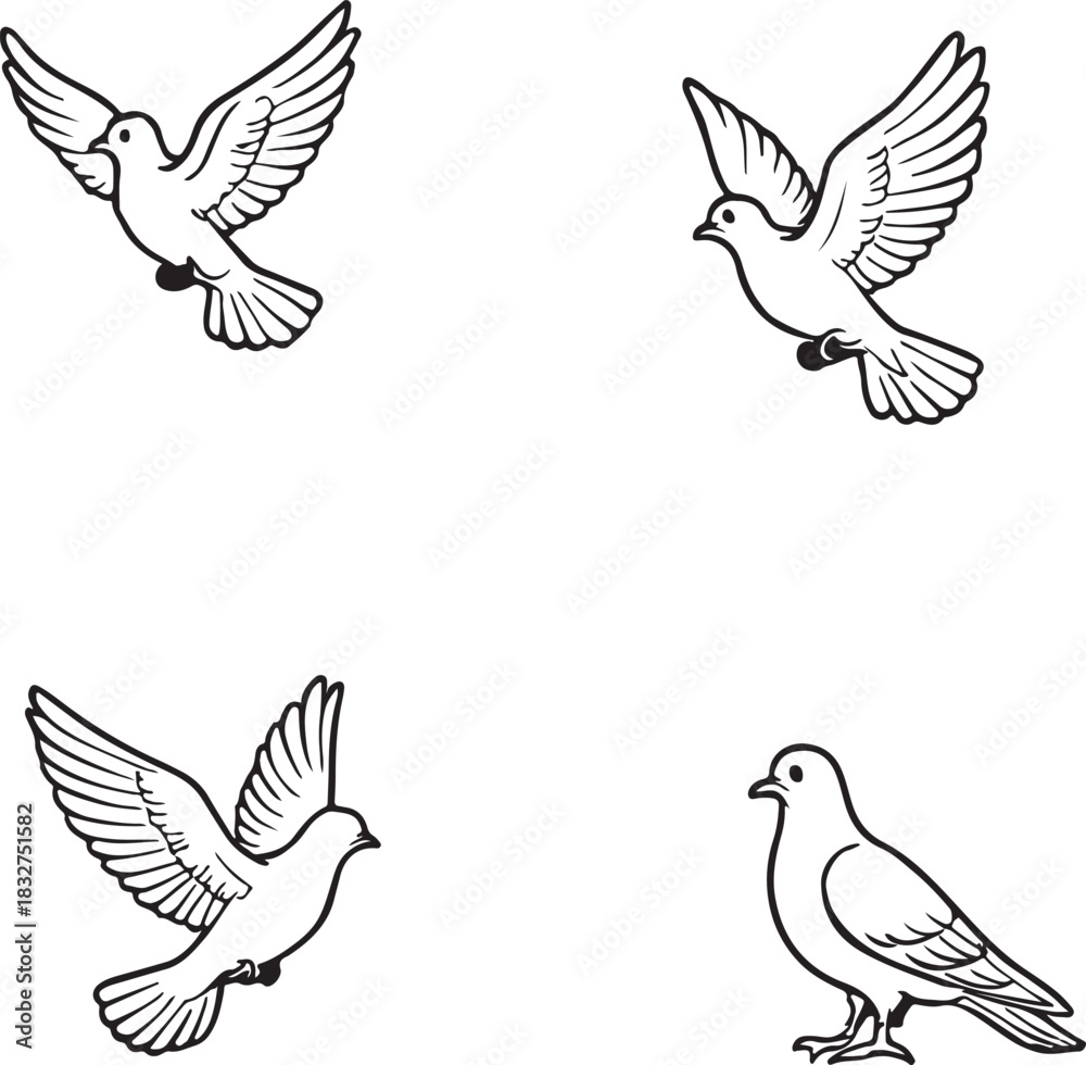 Obraz premium Flying Dove Line Art Set - Peace Bird Vector Collection