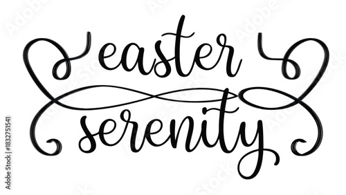 Elegant black calligraphy text reading easter serenity with decorative swirls and flourishes on a clean white background perfect for holiday greetings and designs