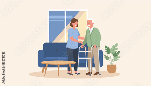 Home healthcare aid assists smiling senior man using a walker in a cozy living room