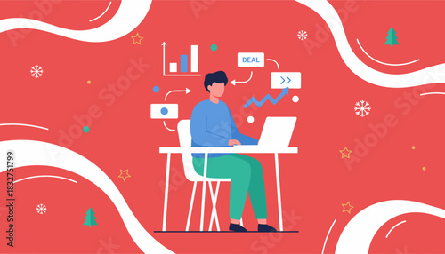 Business man analyzing sales data and winter holiday deals on laptop amidst festive graphics