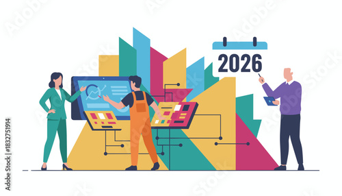 Planning 2026 strategy Team analyzes data technology and future growth using colorful charts