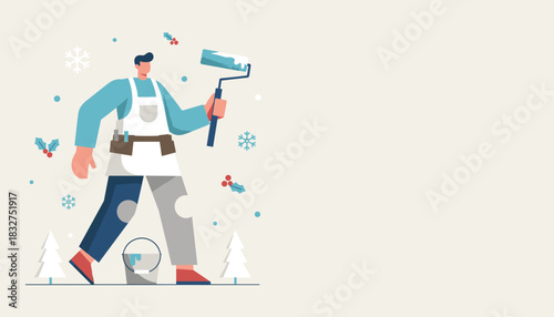 Professional painter walking with roller and paint bucket in a festive winter scene
