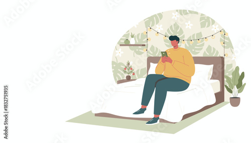 Man relaxing in bedroom using smartphone Digital lifestyle communication and home comfort