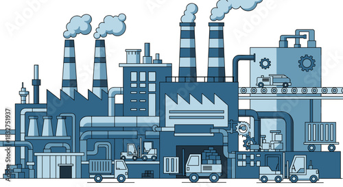 Blue industrial factory illustration with smokestacks pipelines trucks and production lines