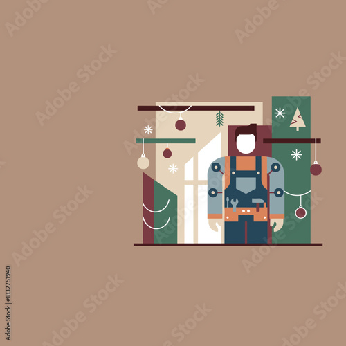 Professional repairman or maintenance worker illustration in a festive holiday setting