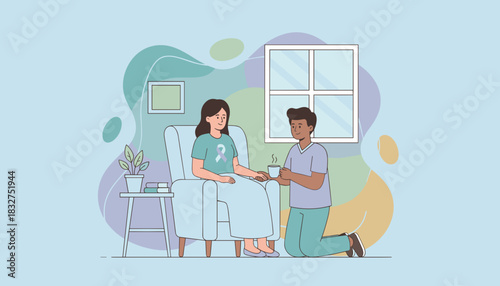 Compassionate caregiver assists woman with chronic illness offering comfort and hot drink