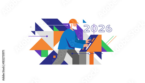 Engineer works on future industry tech with geometric abstract background and 2026 goal