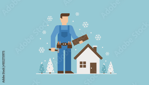 Professional builder prepares a house for winter repairs in a snowy landscape Flat design vector