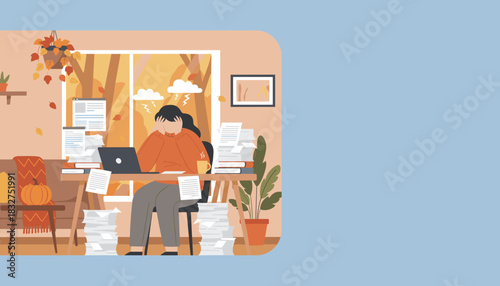 Overwhelmed worker dealing with stress and massive paperwork in a cozy autumn home office