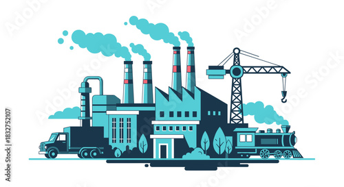 Industrial complex illustration factory crane truck and train representing manufacturing logistics and power