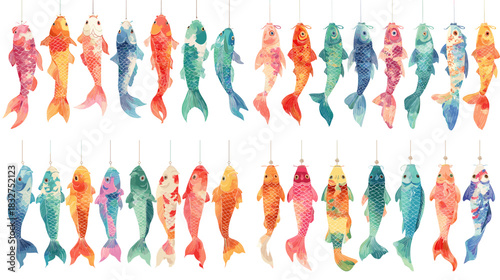 Watercolor koi fish set in bright multicolor styles, featuring flowing shapes and textured patterns, ideal for aquatic themes, zen artwork, decoration, and cultural designs.