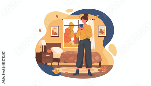 Woman checks phone in a cozy bedroom enjoying the autumn season Flat vector illustration