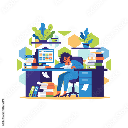 Exhausted businesswoman overwhelmed by excessive workload stress and office deadlines