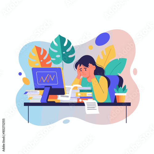 Overworked woman suffering burnout drowning in documents and job stress