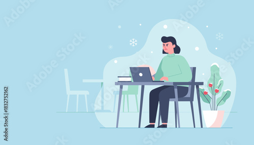 Frustrated remote worker on computer during winter deadline stress and seasonal pressure