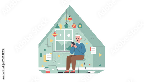 Elderly man using smartphone near a laptop inside an abstract festive home Modern communication and holiday lifestyle