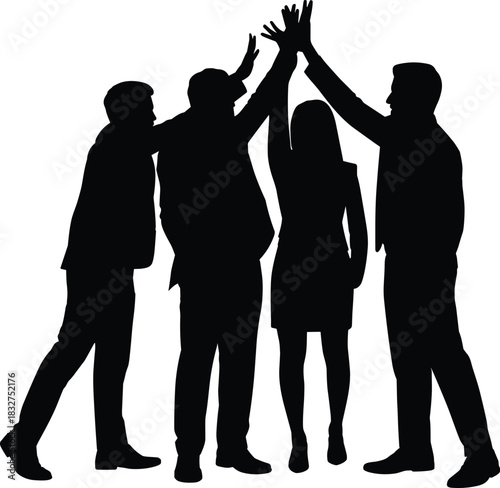Business team celebration silhouette, group high-five gesture vector, CAD drawing flat vector illustration, corporate unity icon