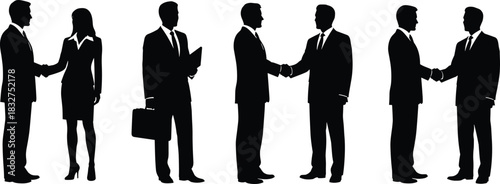 Business professionals handshake silhouette, corporate interaction vector, formal attire pose, agreement concept, CAD drawing flat vector illustration