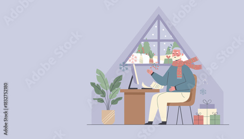 Happy senior working from home office during winter surrounded by holiday decorations and snow