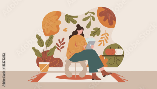 Woman sits and uses a tablet in a cozy autumnal room with fall leaves and pumpkins