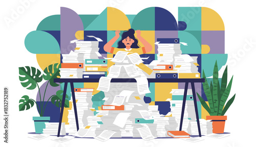 Overwhelmed woman drowning in stacks of paper and files illustrating work stress burnout and bureaucracy