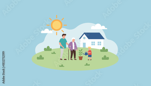 Multigenerational family gardening in a yard illustrating care family bonding and future growth