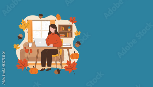 Woman works on laptop at home in cozy autumn interior illustration