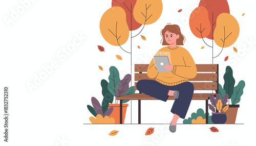 Angry woman using tablet on park bench in autumn Frustration and technology concept illustration