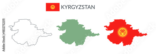Kyrgyzstan geographical borders isolated on white background. Flag of Kyrgyzstan. Vector flat cliparts.