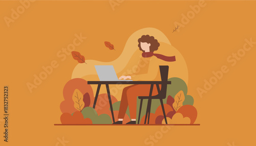 Digital nomad working outdoors on laptop in a cozy autumn scene Remote work illustration