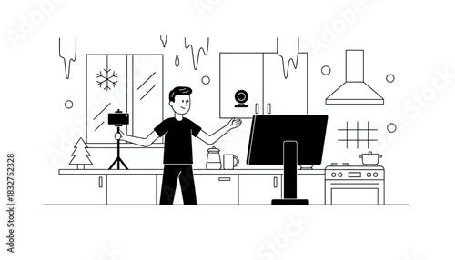 Man vlogging cooking class in winter kitchen using smartphone and monitor for online streaming