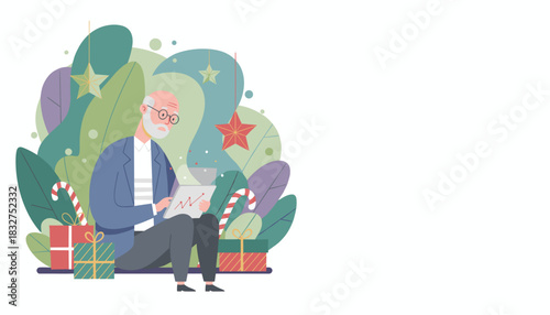 Senior man analyzing finances on a tablet amidst holiday decorations and gifts Yearend business concept