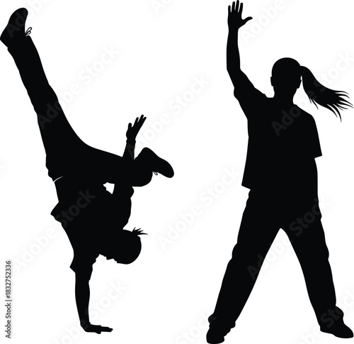 Street dance silhouettes performing dynamic breakdance and freestyle moves in energetic urban style scene, CAD drawing flat vector illustration design