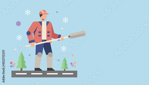 Snow removal worker illustration Man with a shovel ready for winter service in snowy weather