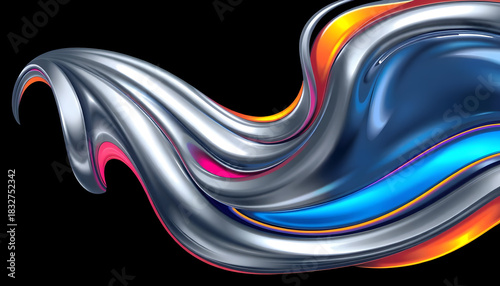 A stylized, abstract representation of a futuristic, metallic object with flowing lines and vibrant accent colors.