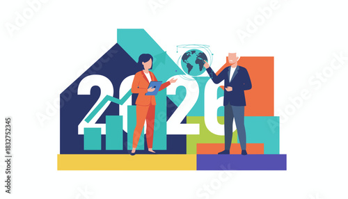 Business planning and global growth forecast for 2026 featuring corporate leaders and charts