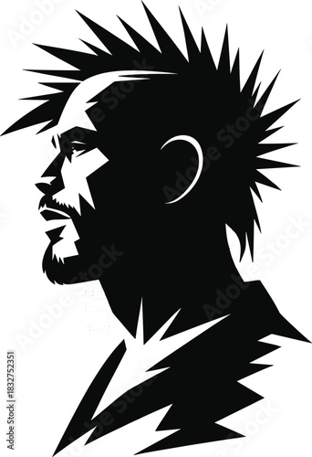 Stylized male profile silhouette, spiky hair beard mustache, edgy black vector art, CAD drawing flat vector illustration