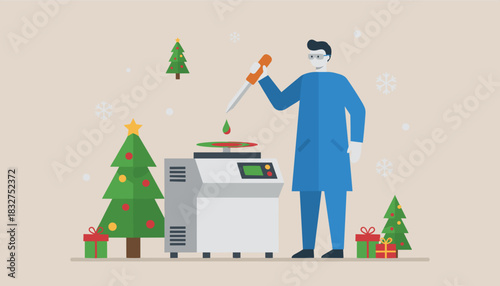 Scientist performs a chemical test with festive Christmas decorations and falling snowflakes Holiday research