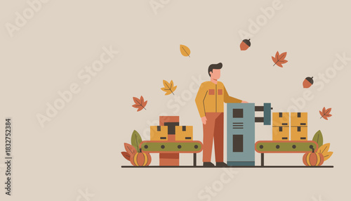 Seasonal factory worker packaging boxes on a conveyor belt with autumn leaves