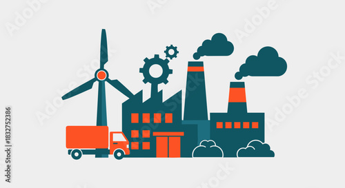 Industrial illustration factory wind turbine truck and gears representing production and logistics