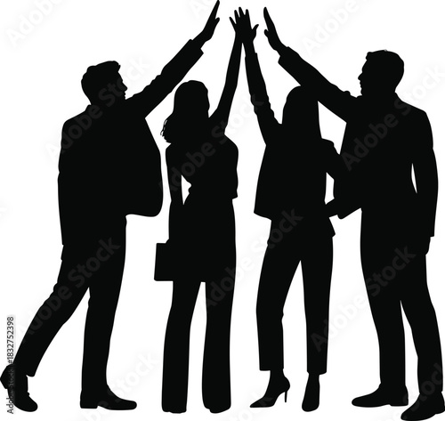 Team high-five silhouette, business collaboration success pose, unity gesture vector, CAD drawing flat vector illustration