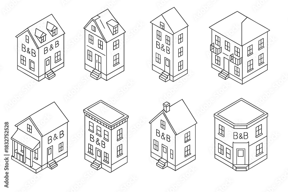 Fototapeta premium Line art of b and b buildings with various architectural styles for design projects