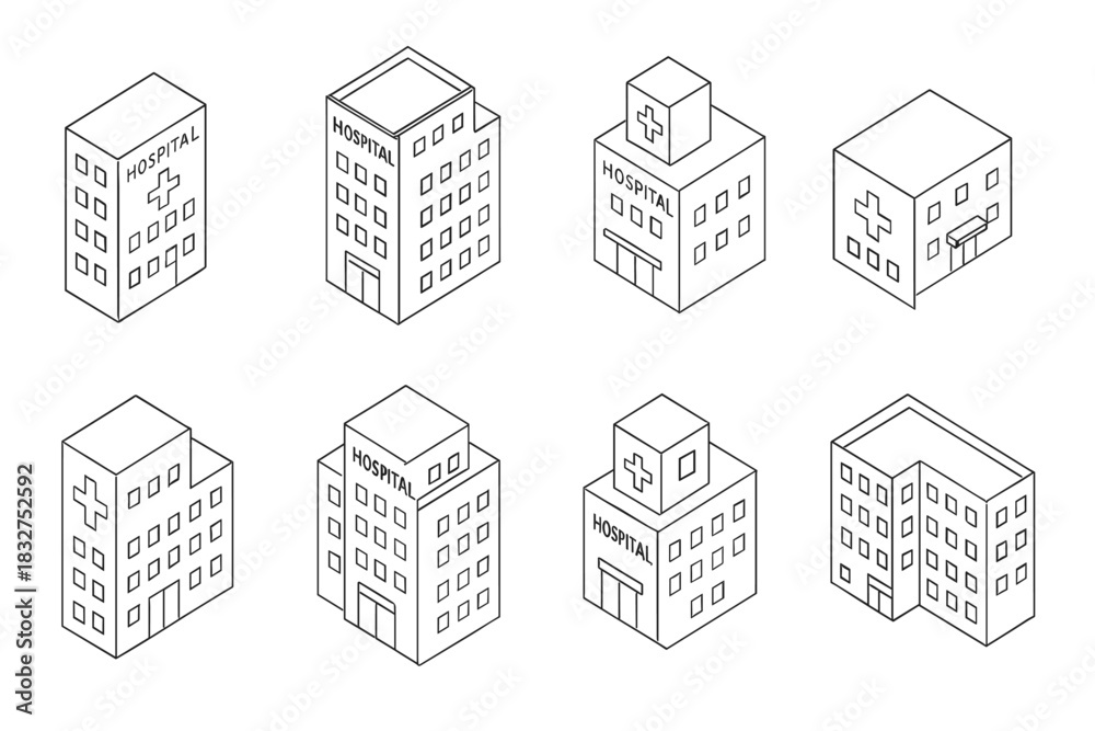 Fototapeta premium Set of isometric hospital building designs for architectural visualization and educational purposes