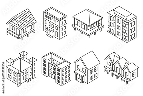 Isometric building collection featuring resorts, houses, and apartments for design projects