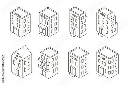 Collection of hostel building line drawings for design and architecture projects